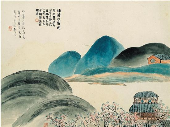 齊白石 石門二十四景之棣樓吹笛圖 34×45.5cm 冊(cè)頁 紙本設(shè)色 1910年 遼寧省博物館藏